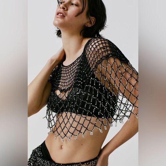 Free People 'Lil Somethin' Beaded Capelet One Size BLACK - Picture 1 of 7